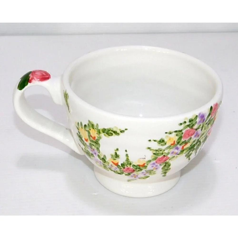 TABLETOPS UNLIMITED 16 oz coffee, tea cup, Spring Garden with vintage spoon
